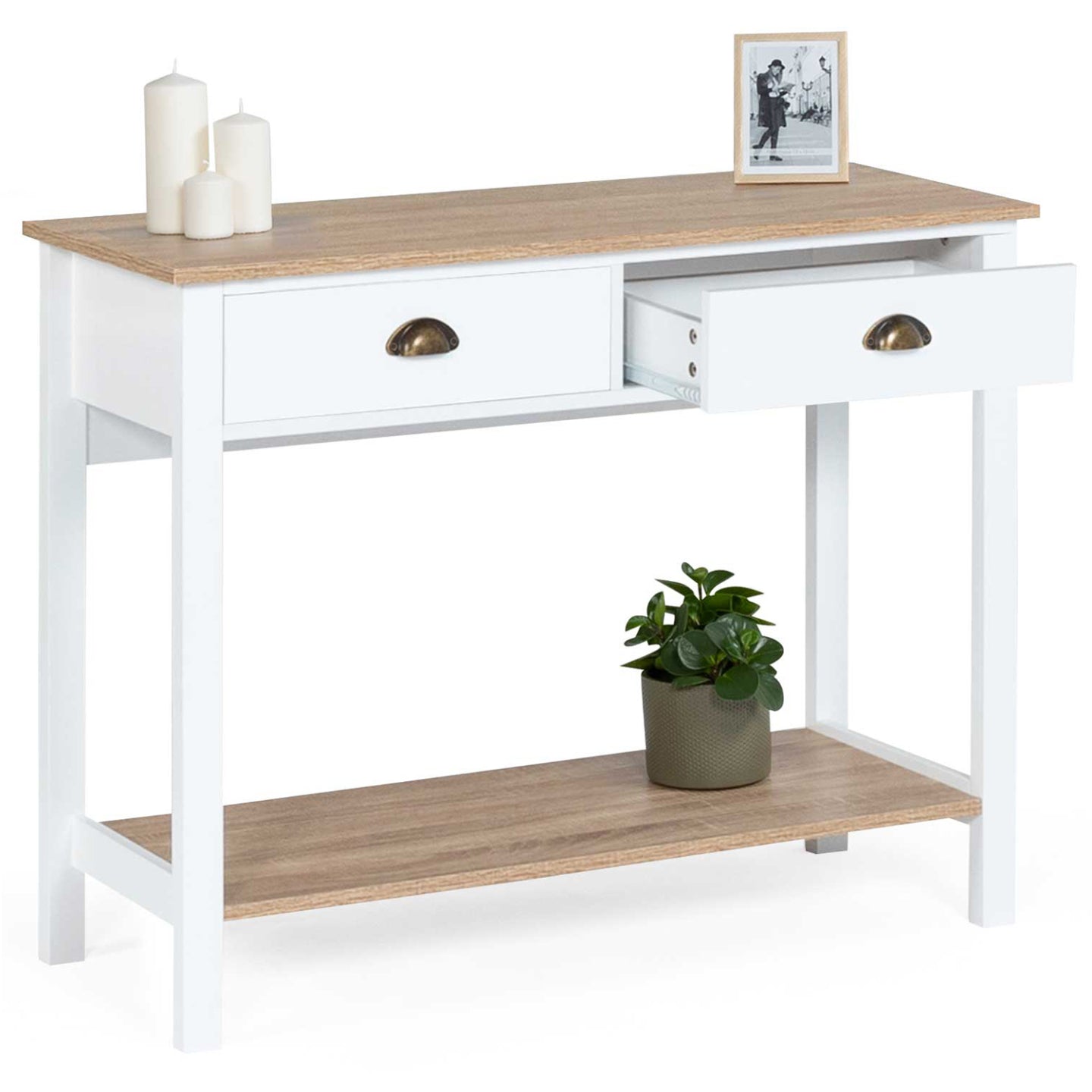 IDMarket - Consolle country a 2 cassetti ISIS 1 ripiano legno e bianco
