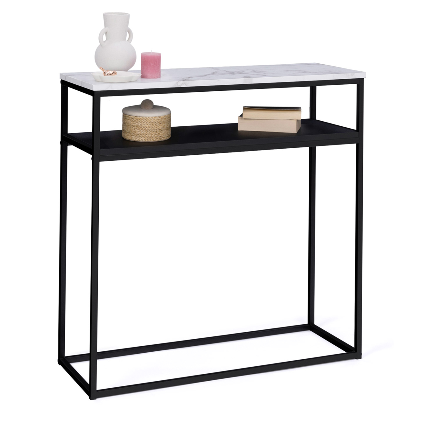 IDMarket - Consolle doppia effetto marmo e legno nero, base in metallo ALASKA