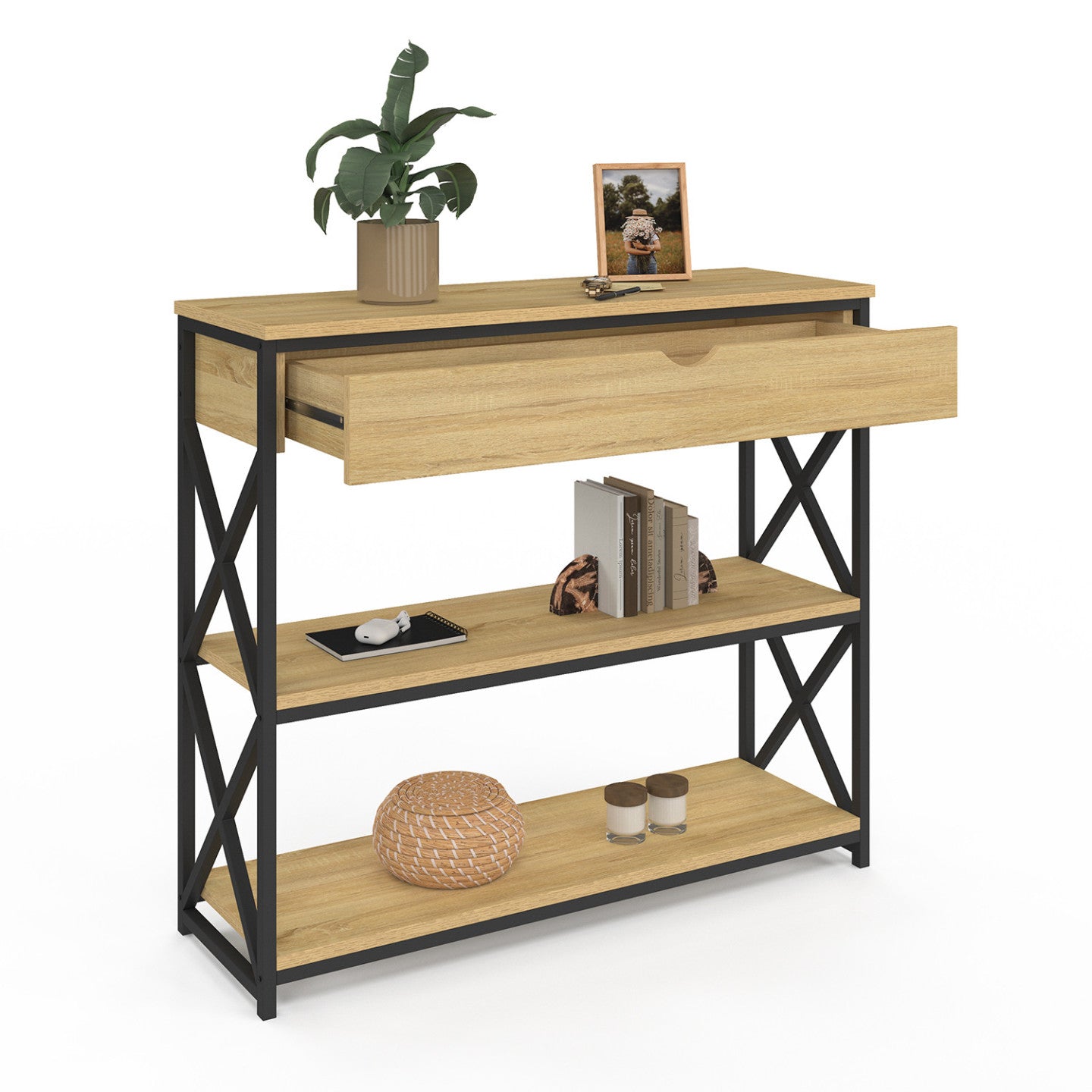 IDMarket - Consolle WAYNE a 1 cassetto con 2 ripiani, design industriale