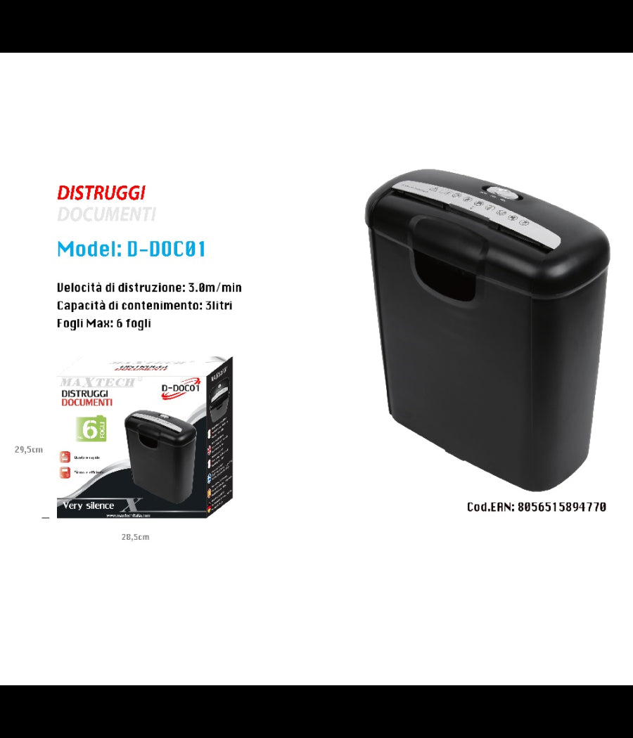 Contenitore Cestino Trita Distruggi Documenti Carta Fino 6 Fogli Maxtech D-doc01         