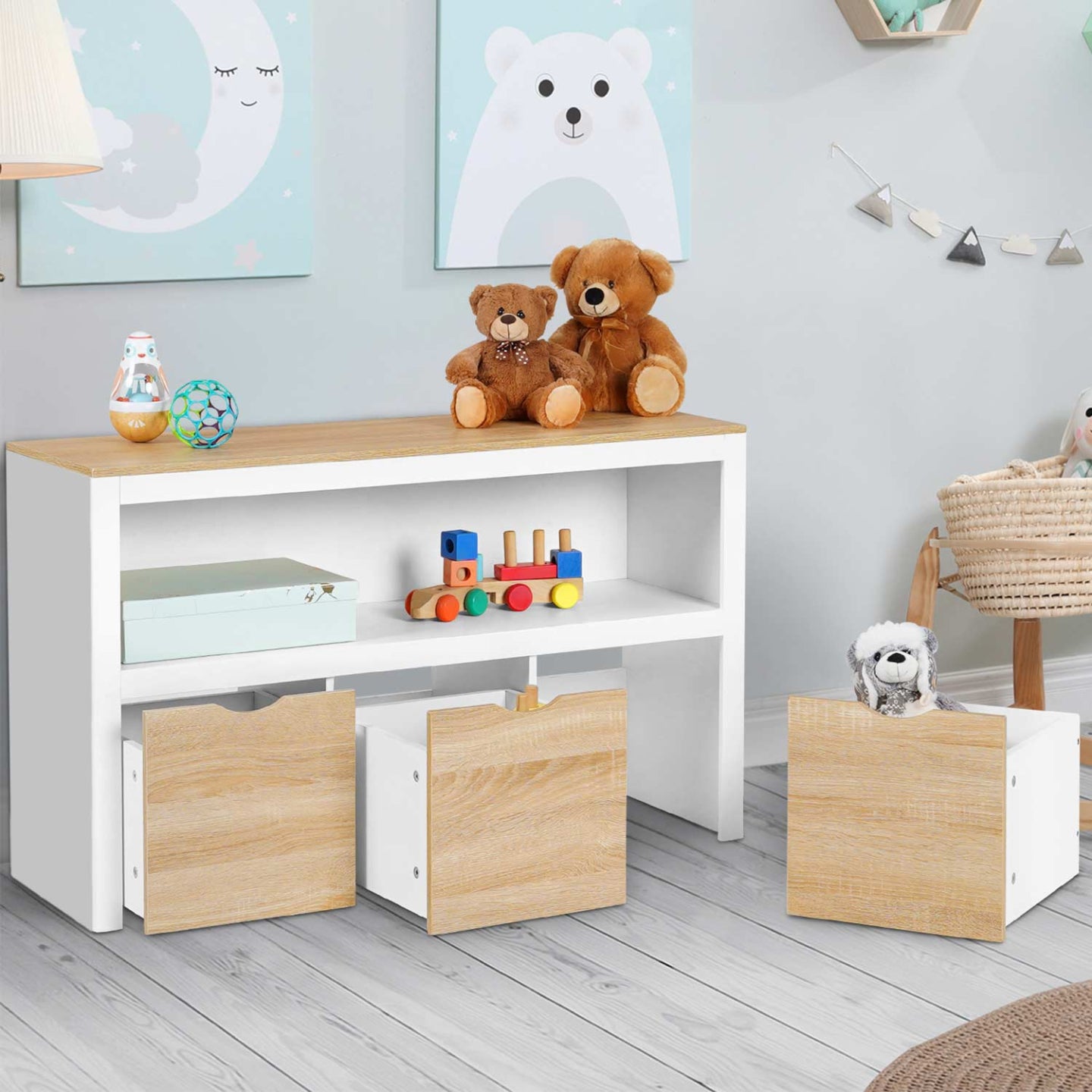 IDMarket - Contenitore per bambini MANA bianco e faggio con 3 cassetti a cubo su rotelle