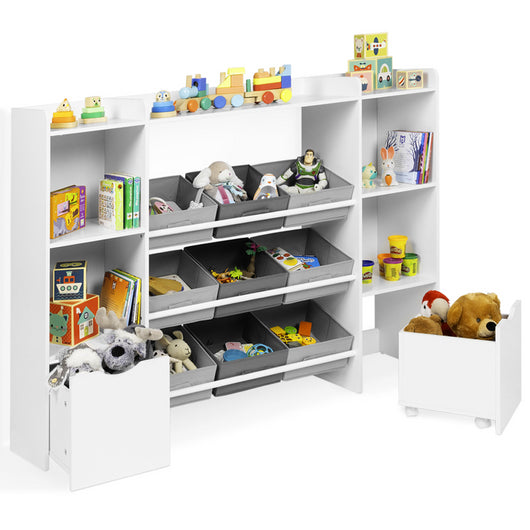 IDMarket - Contenitore per bambini MANA con 7 ripiani, 6 contenitori in tessuto e 2 cubi su rotelle, bianco