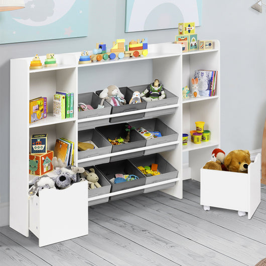 IDMarket - Contenitore per bambini MANA con 7 ripiani, 6 contenitori in tessuto e 2 cubi su rotelle, bianco