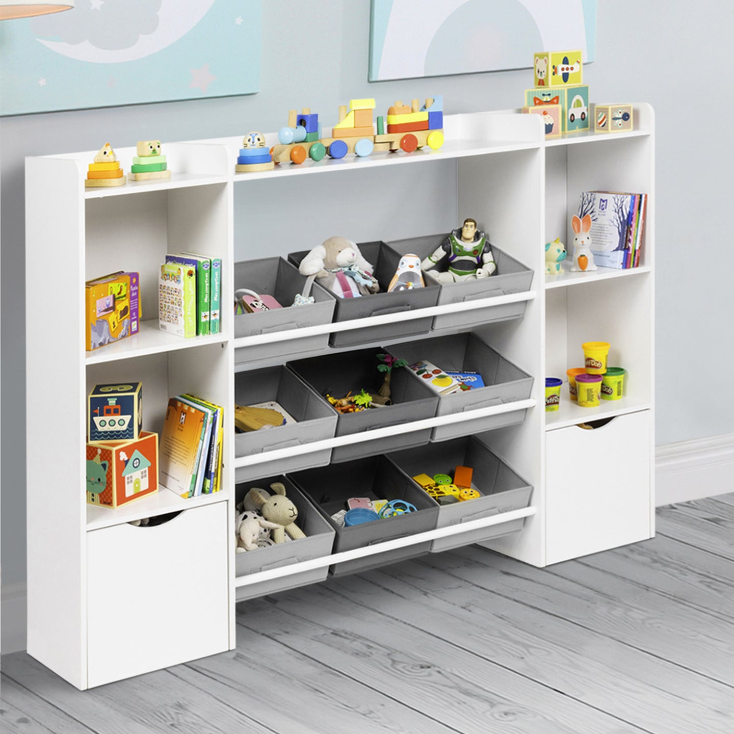 IDMarket - Contenitore per bambini MANA con 7 ripiani, 6 contenitori in tessuto e 2 cubi su rotelle, bianco