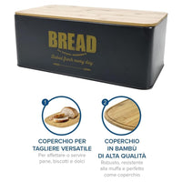 Trade Shop - Contenitore Portapane Vintage Nero Coperchio Tagliere In Legno Latta Alimenti -