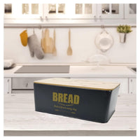 Trade Shop - Contenitore Portapane Vintage Nero Coperchio Tagliere In Legno Latta Alimenti -