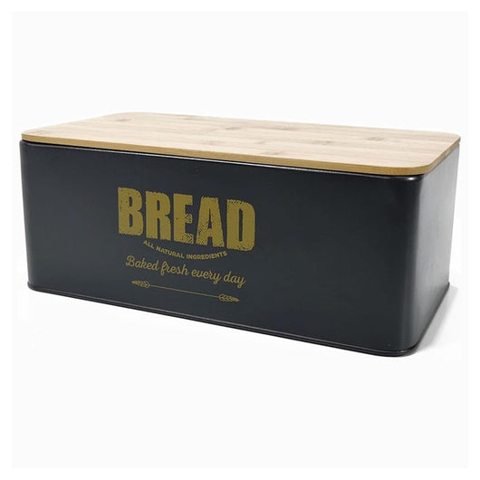 Trade Shop - Contenitore Portapane Vintage Nero Coperchio Tagliere In Legno Latta Alimenti -
