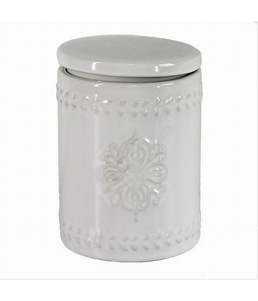 Contenitore Tondo Porta Cotton Fioc Bianco Decorato Organizer Arredo Bagno 10342         