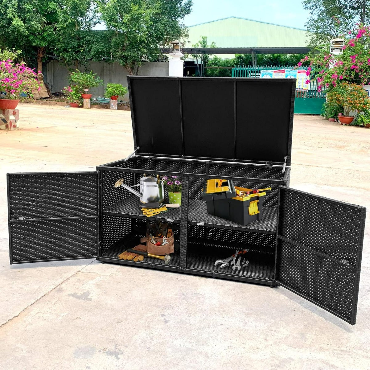 Contenitore di stoccaggio con coperchio 2 ripiani telaio in acciaio-Box per conservazione di oggetti Nero