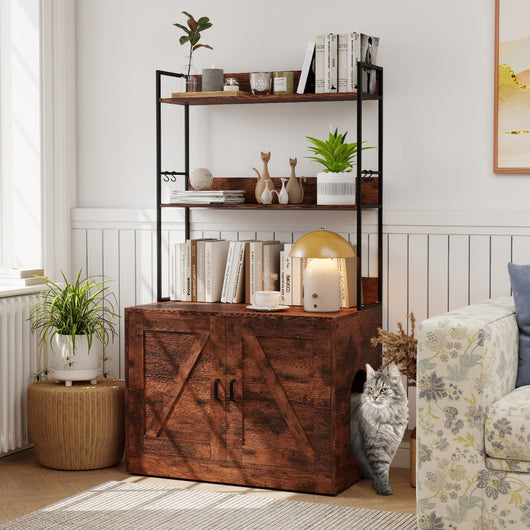 Mobile moderna per lettiera per gatti armadietto nascosto per bagno per gatti con 3 ripiani, Mobile industriale Marrone-Gatti