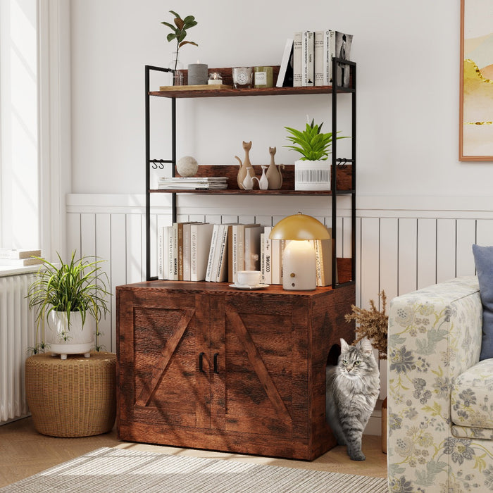 Mobile moderna per lettiera per gatti armadietto nascosto per bagno per gatti con 3 ripiani, Mobile industriale Marrone-Gatti