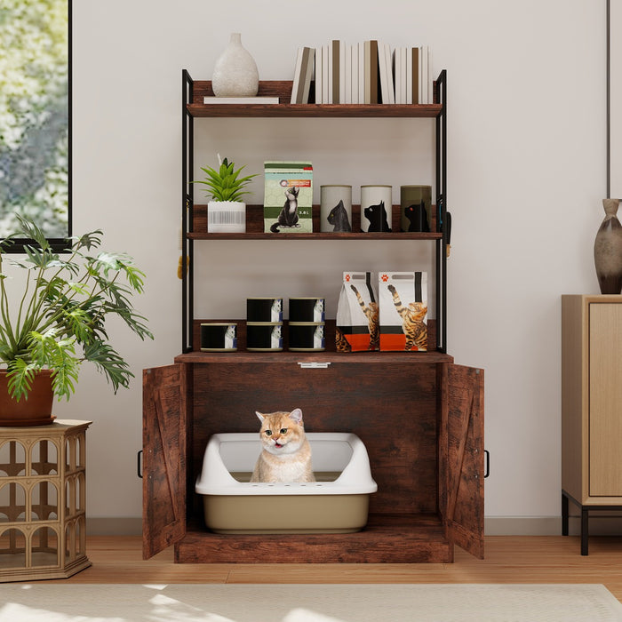 Mobile moderna per lettiera per gatti armadietto nascosto per bagno per gatti con 3 ripiani, Mobile industriale Marrone-Gatti