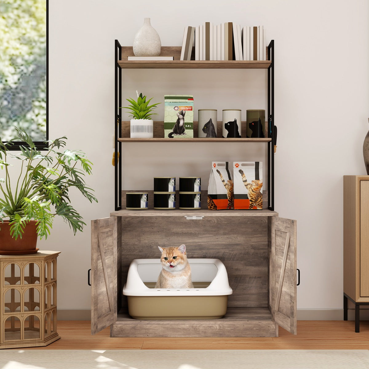 Mobile moderna per lettiera per gatti armadietto nascosto per bagno per gatti con 3 ripiani, Mobile industriale Grigio-Gatti