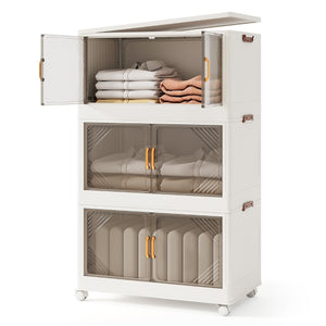 Contenitori da stoccaggio pieghevoli con coperchio da 213 L, Scatole impilabili a 3 piani con ruote-Cassettiere