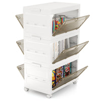 Contenitori di stoccaggio in plastica a 3 livelli, Scatole impilabili con coperchio Bianco + Marrone-Scaffali e librerie