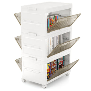 Contenitori di stoccaggio in plastica a 3 livelli, Scatole impilabili con coperchio Bianco + Marrone-Scaffali e librerie