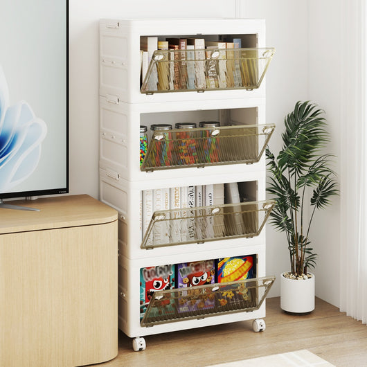 Contenitori di stoccaggio in plastica a 4 livelli, Scatole impilabili con coperchio Bianco + Marrone-Scaffali e librerie