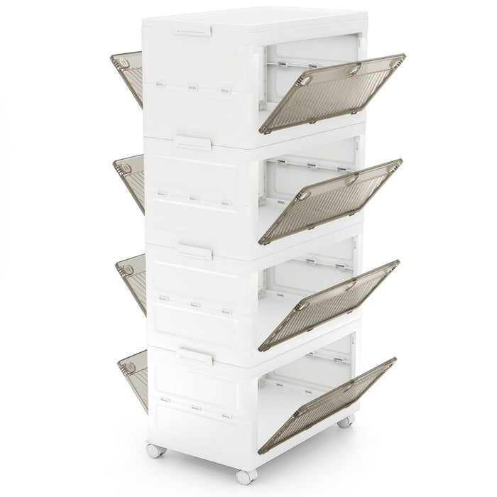 Contenitori di stoccaggio in plastica a 4 livelli, Scatole impilabili con coperchio Bianco + Marrone-Scaffali e librerie