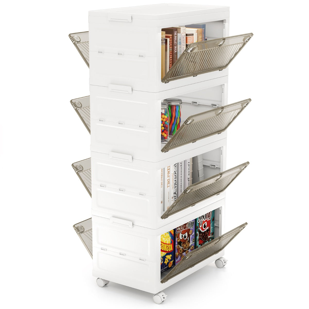 Contenitori di stoccaggio in plastica a 4 livelli, Scatole impilabili con coperchio Bianco + Marrone-Scaffali e librerie