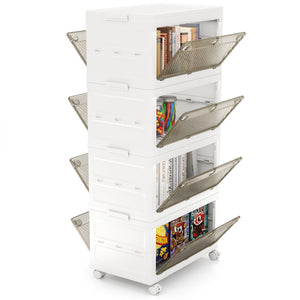 Contenitori di stoccaggio in plastica a 4 livelli, Scatole impilabili con coperchio Bianco + Marrone-Scaffali e librerie