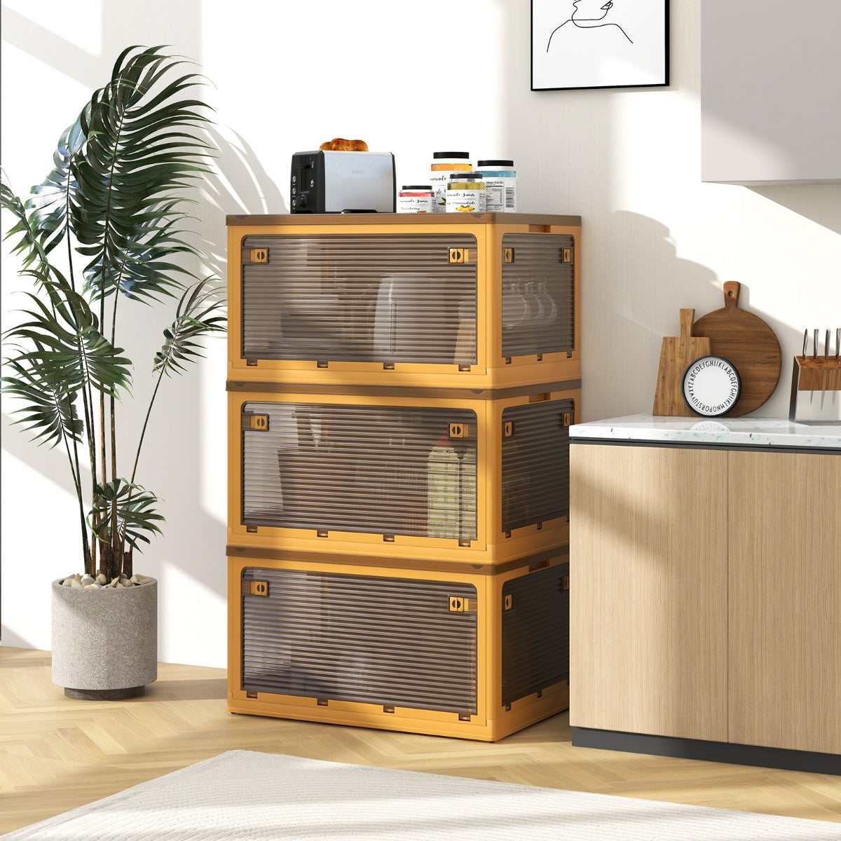 Contenitori pieghevoli da 292,5L con coperchi, Set di 3 scatole sovrapponibili con ruote e 5 porte per casa Giallo-Credenze buffet