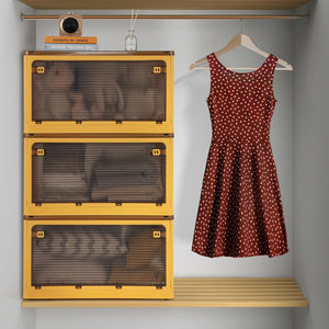 Contenitori pieghevoli da 292,5L con coperchi, Set di 3 scatole sovrapponibili con ruote e 5 porte per casa Giallo-Credenze buffet