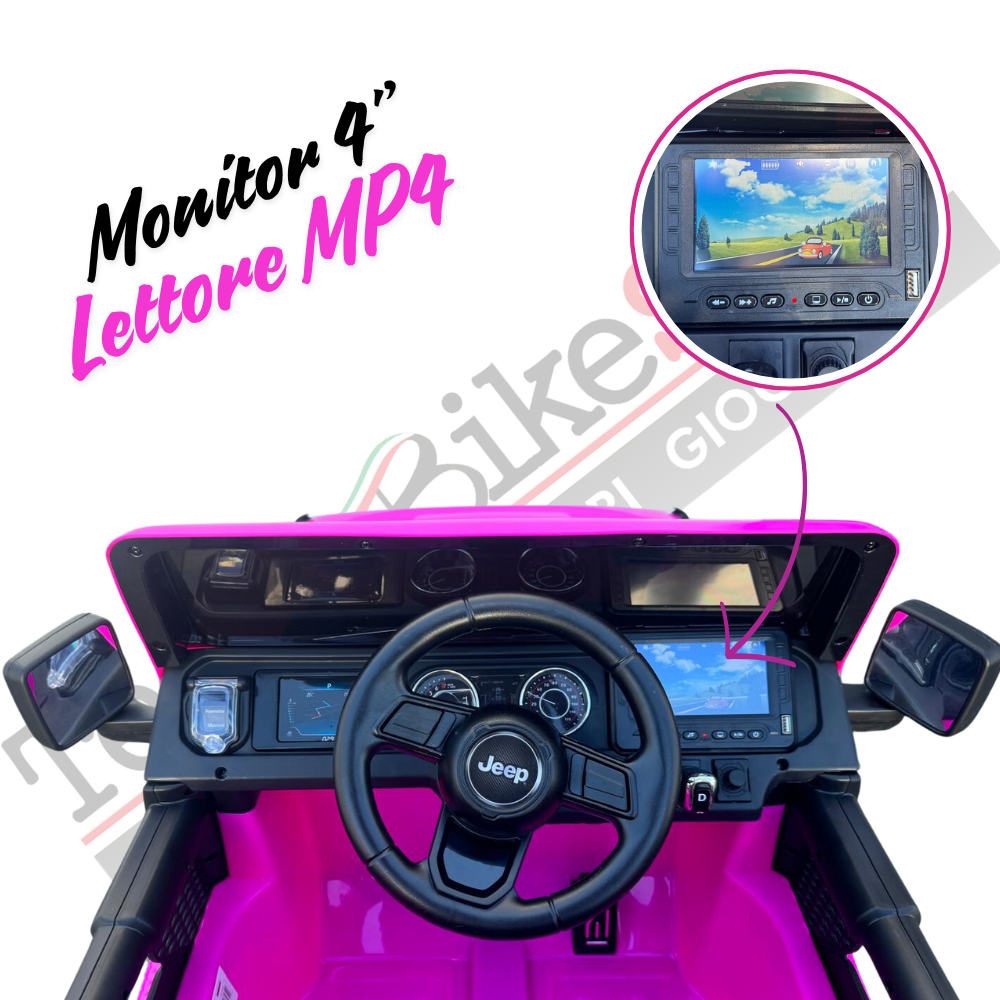 Auto Macchina Elettrica per Bambini JEEP FIAT Wrangler RUBICON 12V 2 Posti  con Monitor 4" Mp4 - Sedile in Pelle -Rosa