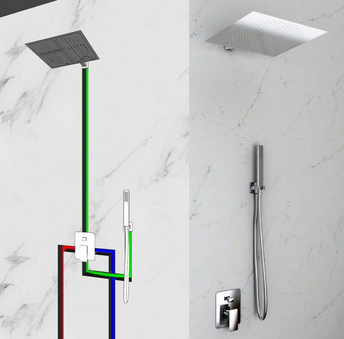 Kit Doccia 2 Vie Soffione Acciaio Inox  Slim 2 mm + Braccio Doccia + Presa Acqua + Flessibile + Doccino Soffione 40x40 cm con Braccio da Parete