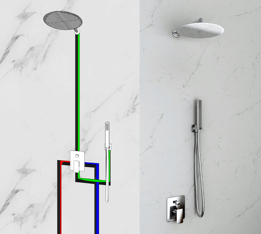 Kit Doccia 2 Vie Soffione Acciaio Inox  Slim 2 mm + Braccio Doccia + Presa Acqua + Flessibile + Doccino Soffione diam.25 cm con Braccio da Parete