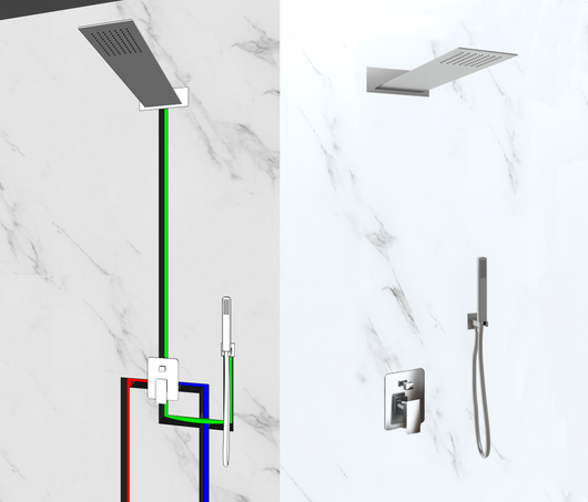 Kit Doccia 2 Vie Soffione Acciaio Inox Slim 2,5 mm + Presa Acqua + Flessibile + Doccino Soffione Rettangolare 55x23 cm 