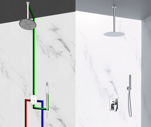 Kit Doccia 2 Vie Soffione Acciaio Inox  Slim 2 mm + Braccio Doccia + Presa Acqua + Flessibile + Doccino Soffione diam.25 cm con Braccio da Soffitto