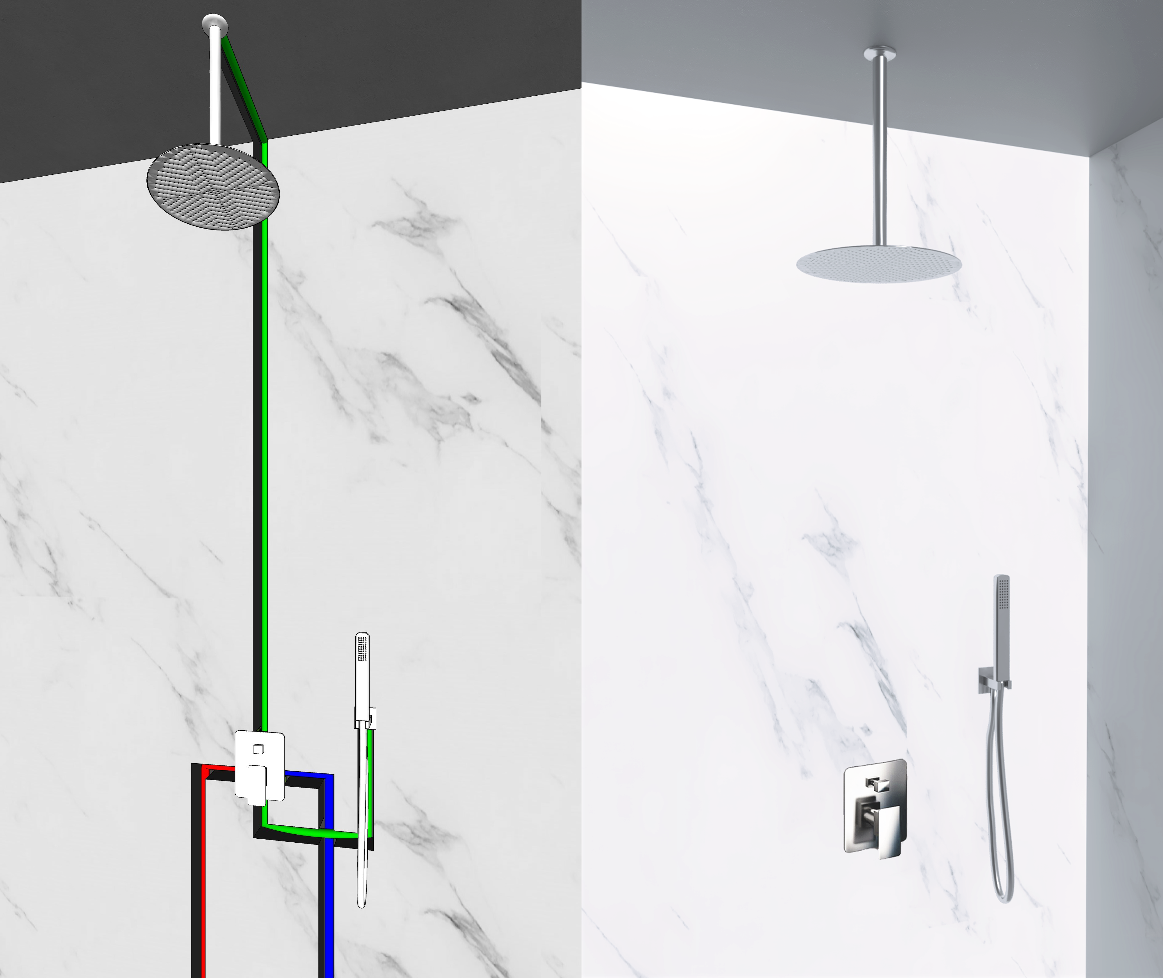 Kit Doccia 2 Vie Soffione Acciaio Inox  Slim 2 mm + Braccio Doccia + Presa Acqua + Flessibile + Doccino Soffione diam.25 cm con Braccio da Soffitto