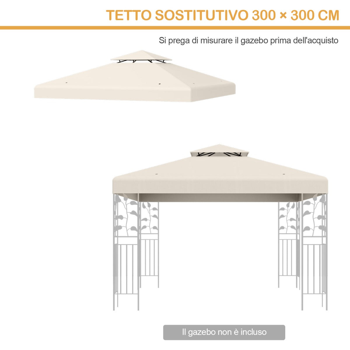 Copertura di ricambio per gazebo a 2 livelli da 300x300cm, Tettoia con fibbie in alluminio e chiusure a strappo Beige-Gazebo