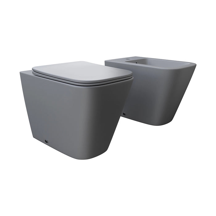 Coppia sanitari in ceramica filomuro vaso rimless, bidet e copri-wc grigio opaco | Kyoto