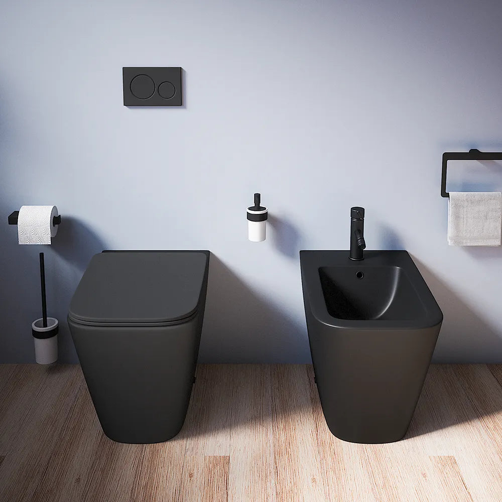 Coppia sanitari in ceramica filomuro vaso rimless, bidet e copri-wc nero opaco | Kyoto
