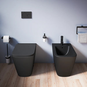 Coppia sanitari in ceramica filomuro vaso rimless, bidet e copri-wc nero opaco | Kyoto