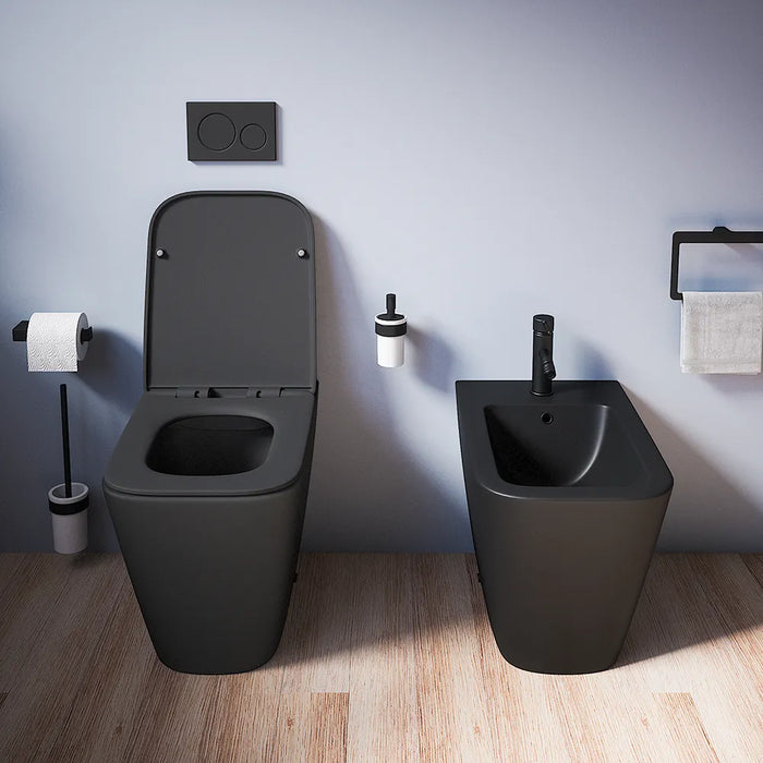 Coppia sanitari in ceramica filomuro vaso rimless, bidet e copri-wc nero opaco | Kyoto