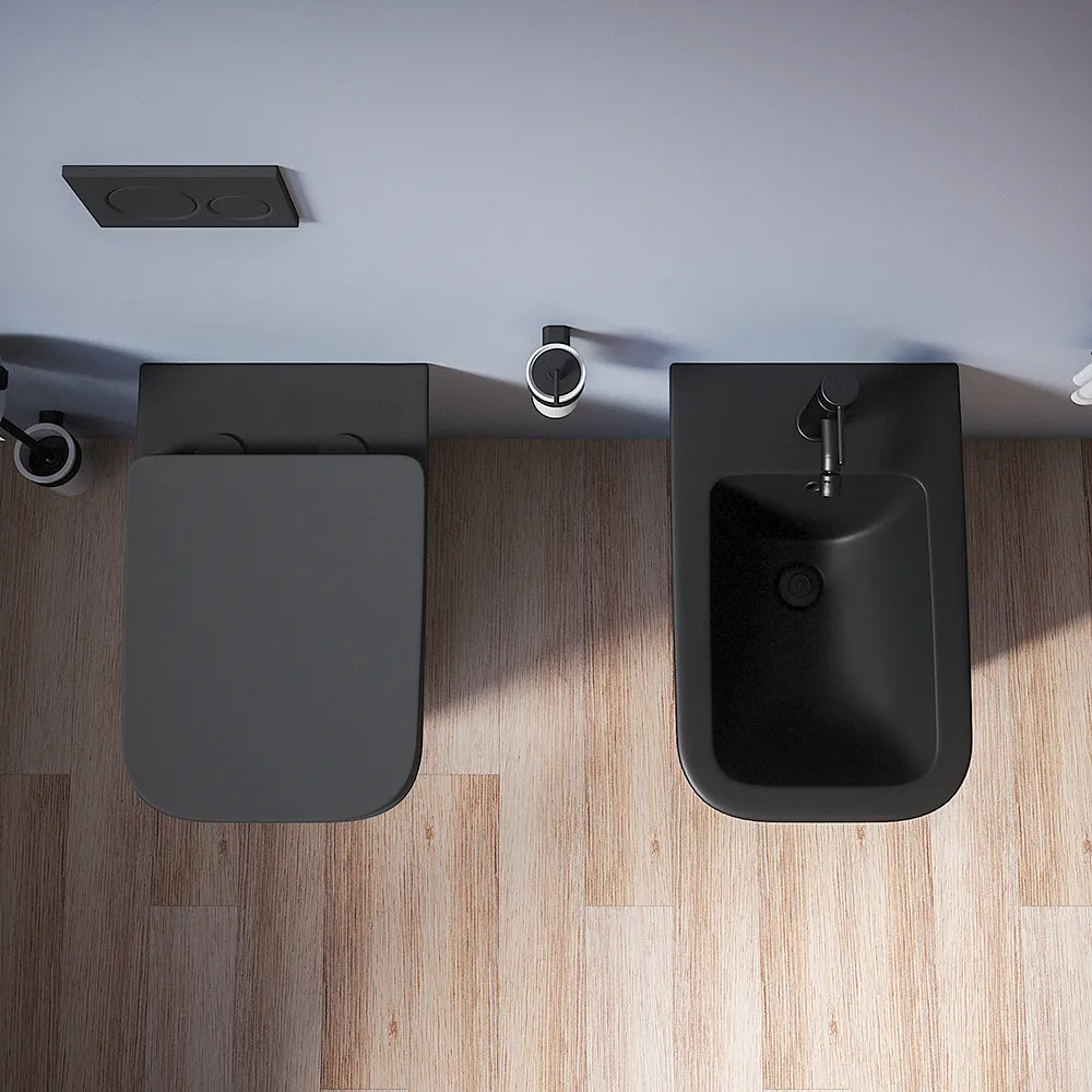 Coppia sanitari in ceramica filomuro vaso rimless, bidet e copri-wc nero opaco | Kyoto