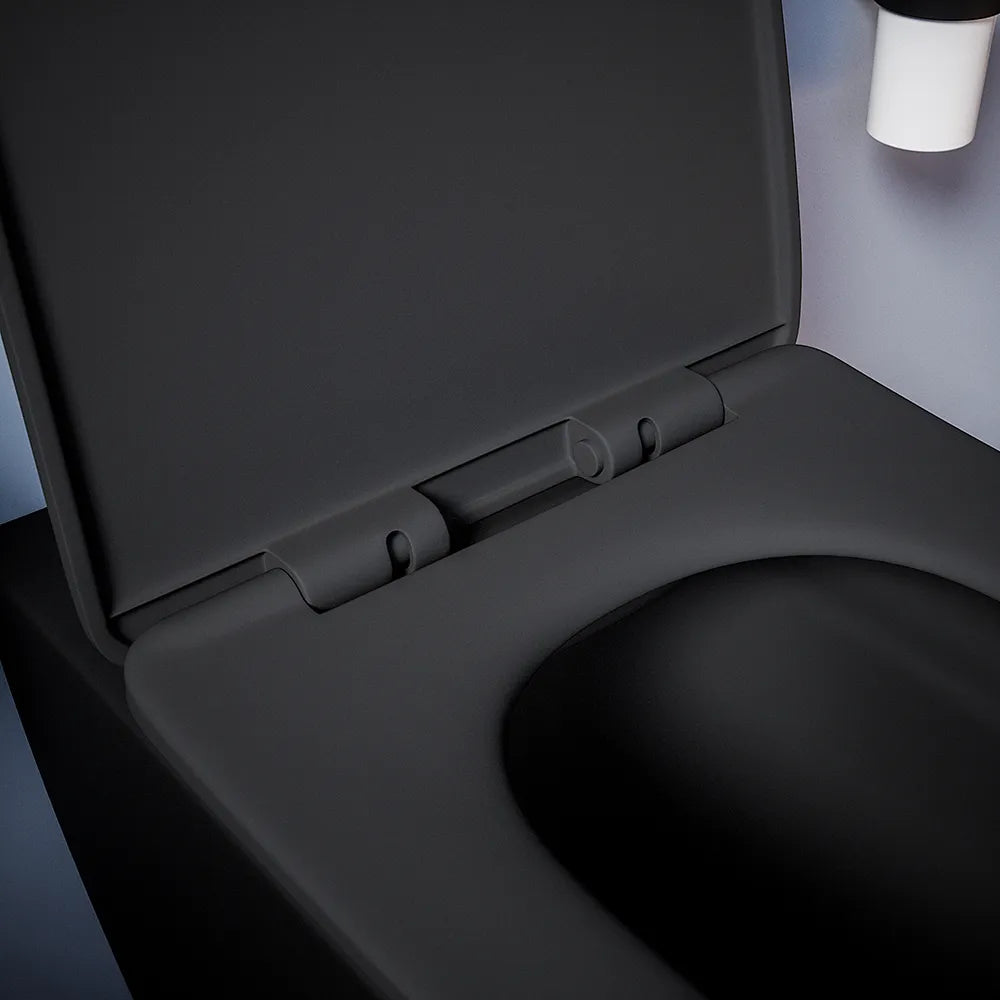 Coppia sanitari in ceramica filomuro vaso rimless, bidet e copri-wc nero opaco | Kyoto