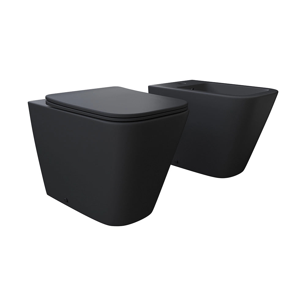 Coppia sanitari in ceramica filomuro vaso rimless, bidet e copri-wc nero opaco | Kyoto