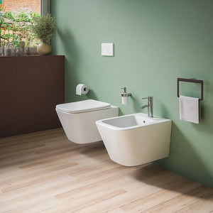 Coppia sanitari in ceramica sospesi vaso rimless, bidet e copri-wc bianco opaco | Kyoto