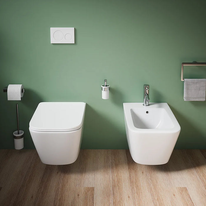 Coppia sanitari in ceramica sospesi vaso rimless, bidet e copri-wc bianco opaco | Kyoto