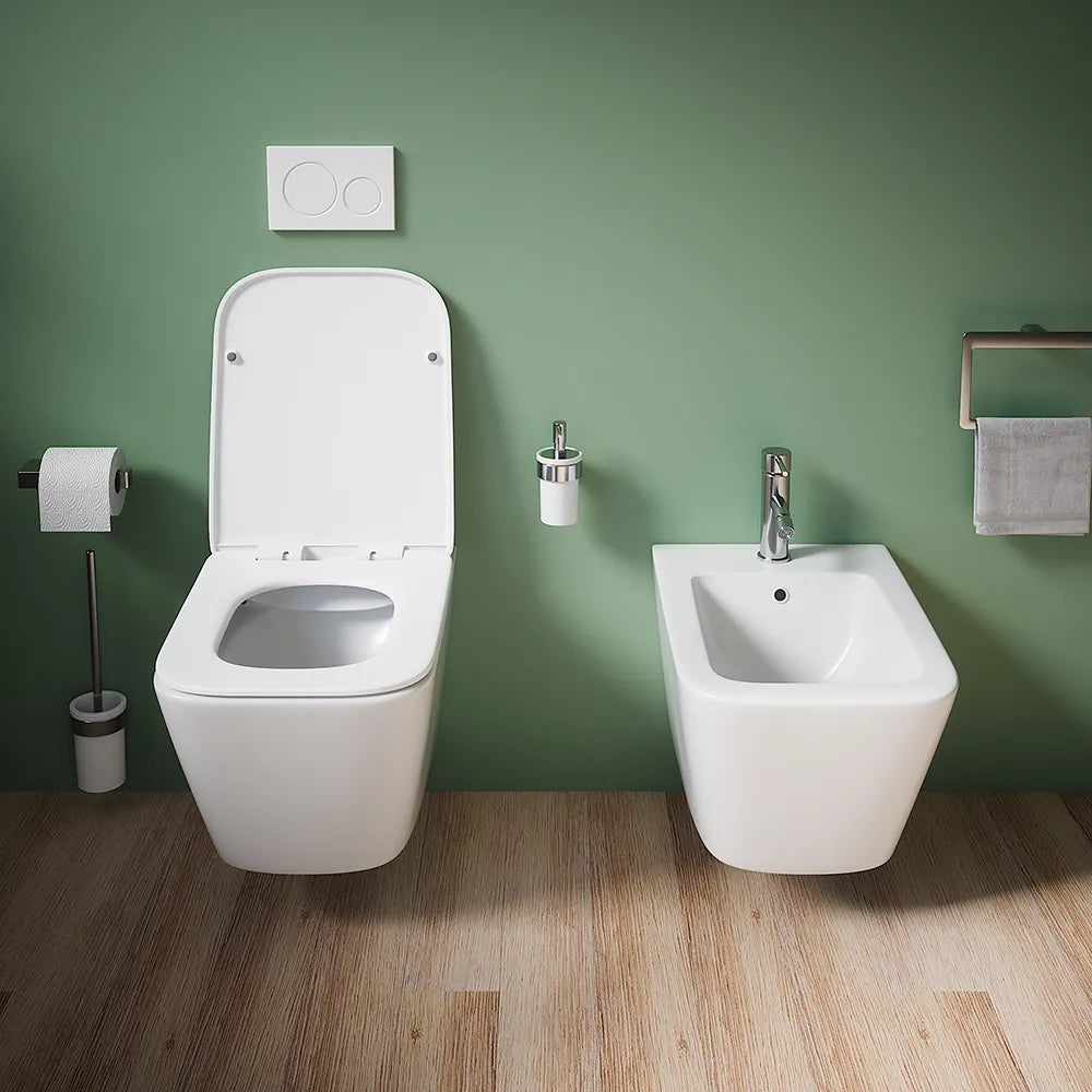 Coppia sanitari in ceramica sospesi vaso rimless, bidet e copri-wc bianco opaco | Kyoto