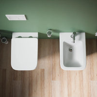 Coppia sanitari in ceramica sospesi vaso rimless, bidet e copri-wc bianco opaco | Kyoto