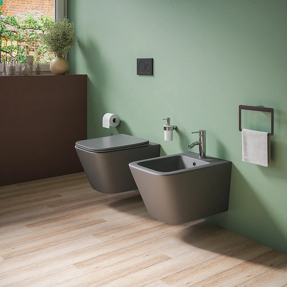 Coppia sanitari in ceramica sospesi vaso rimless, bidet e copri-wc grigio opaco | Kyoto