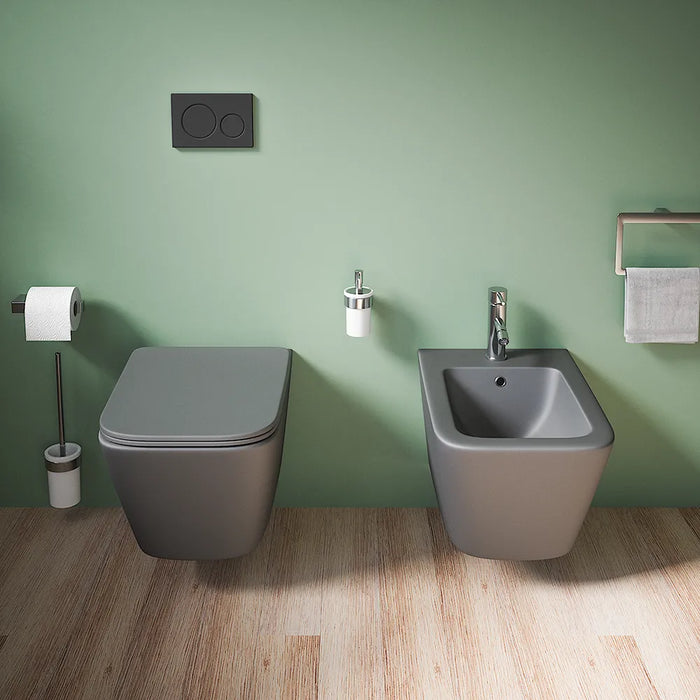 Coppia sanitari in ceramica sospesi vaso rimless, bidet e copri-wc grigio opaco | Kyoto