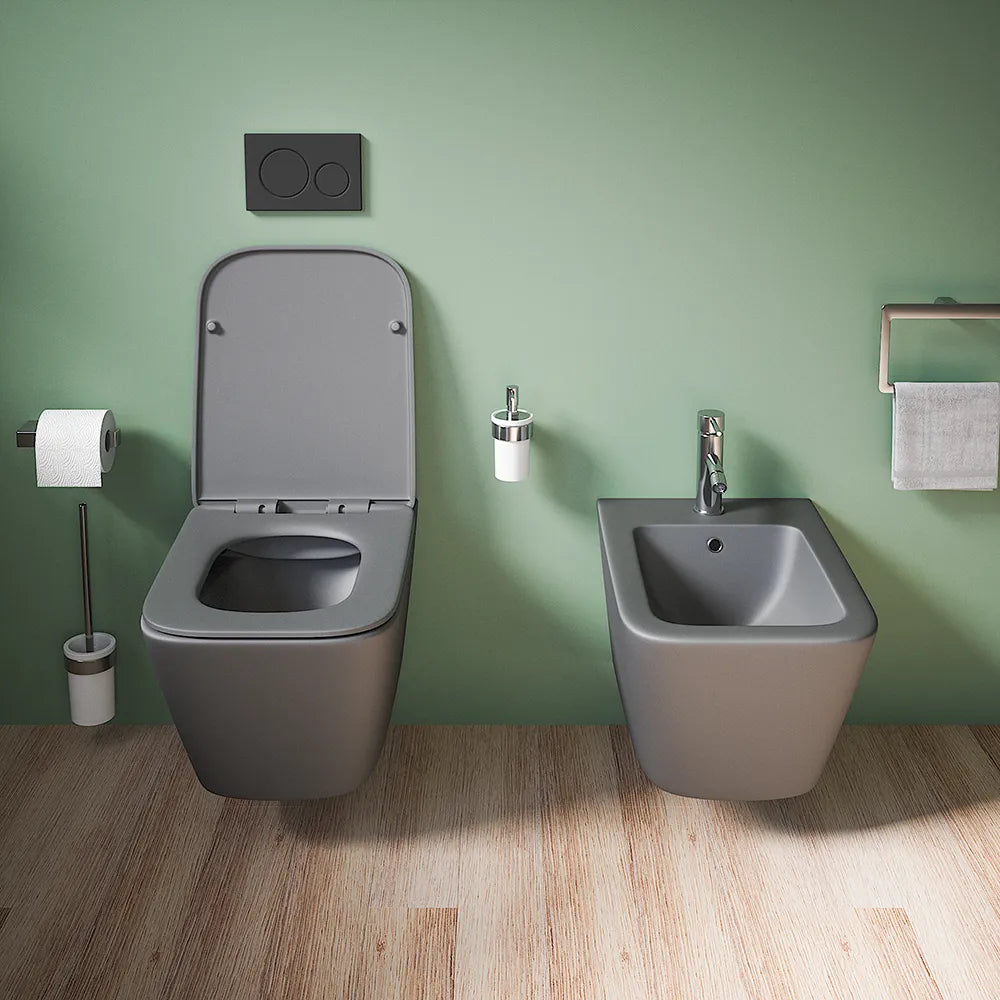 Coppia sanitari in ceramica sospesi vaso rimless, bidet e copri-wc grigio opaco | Kyoto
