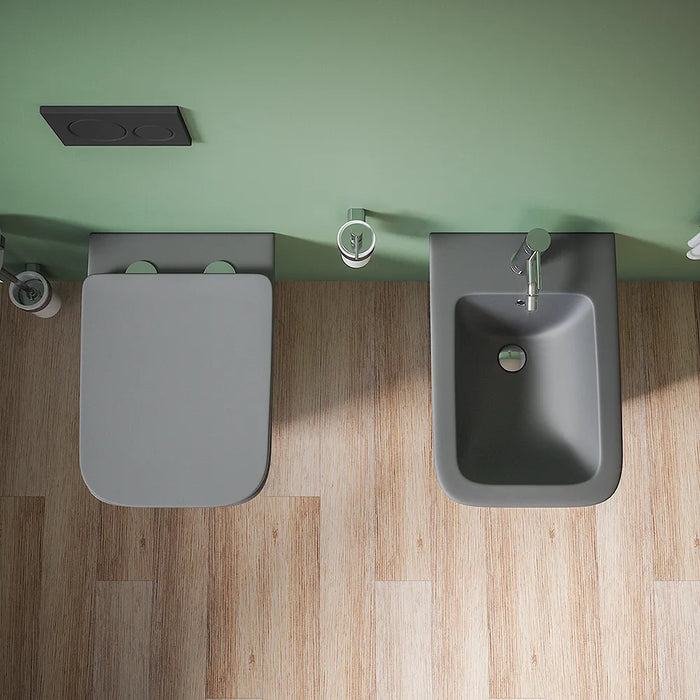 Coppia sanitari in ceramica sospesi vaso rimless, bidet e copri-wc grigio opaco | Kyoto