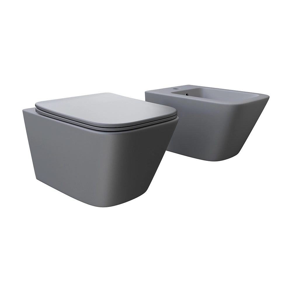 Coppia sanitari in ceramica sospesi vaso rimless, bidet e copri-wc grigio opaco | Kyoto