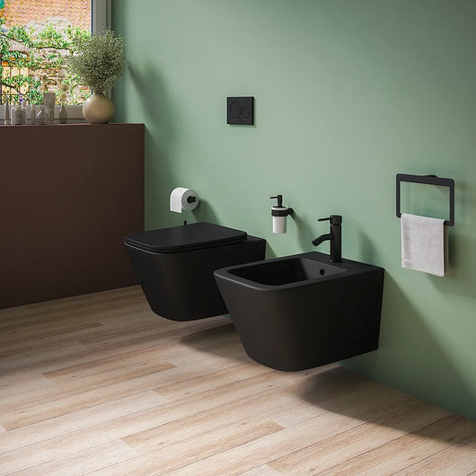 Coppia sanitari in ceramica sospesi vaso rimless, bidet e copri-wc nero opaco | Kyoto